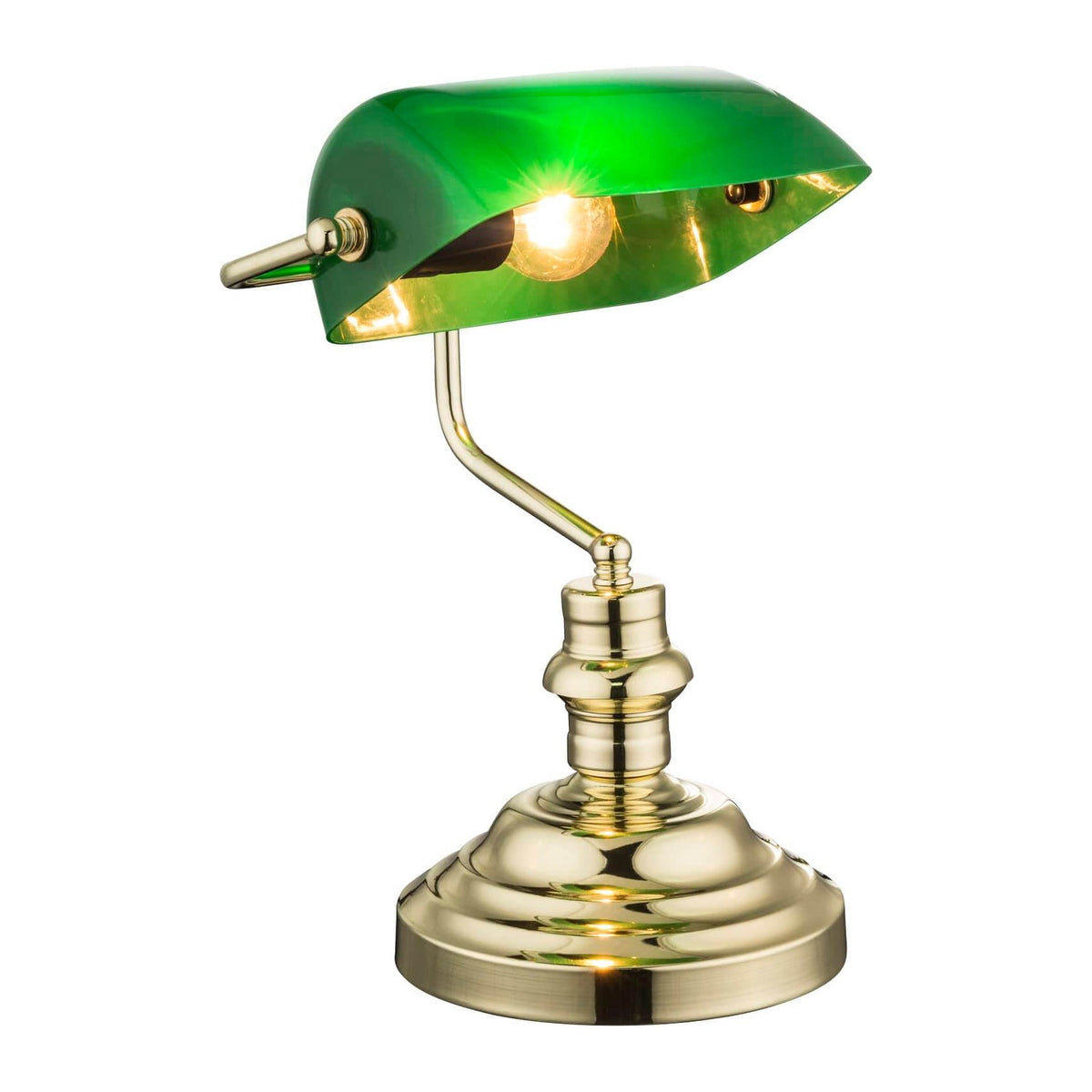 Lampe de bureau en laiton et verre vert, vue de trois quarts sur fond blanc.