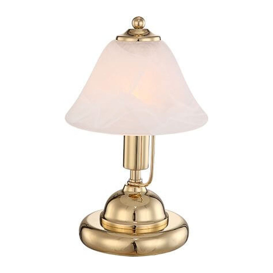 Lampe à poser de face, abat-jour en verre opalin et socle en laiton doré