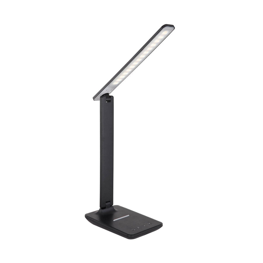 Lampe de bureau noire à tête LED plate inclinée, vue de trois quarts face
