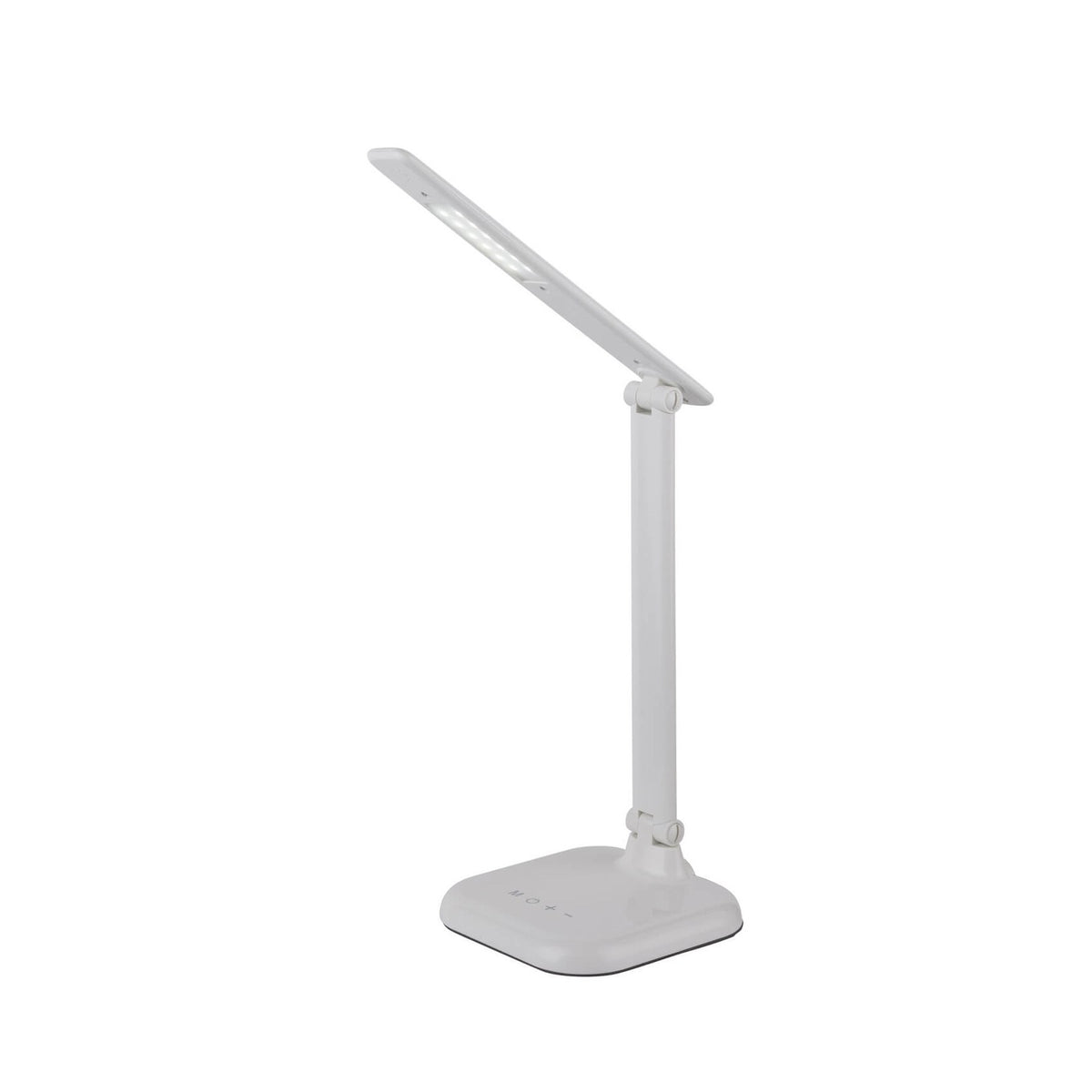 Lampe de bureau blanche vue de trois quarts, tête inclinée et socle arrondi