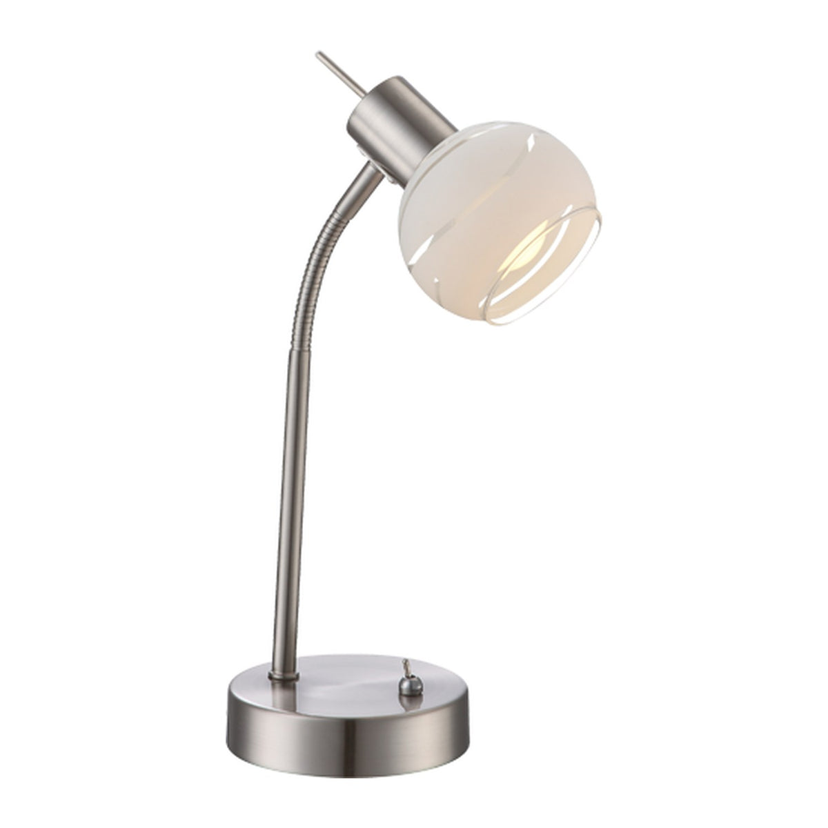 Lampe de bureau nickel satiné avec tête sphérique en verre et bras flexible.
