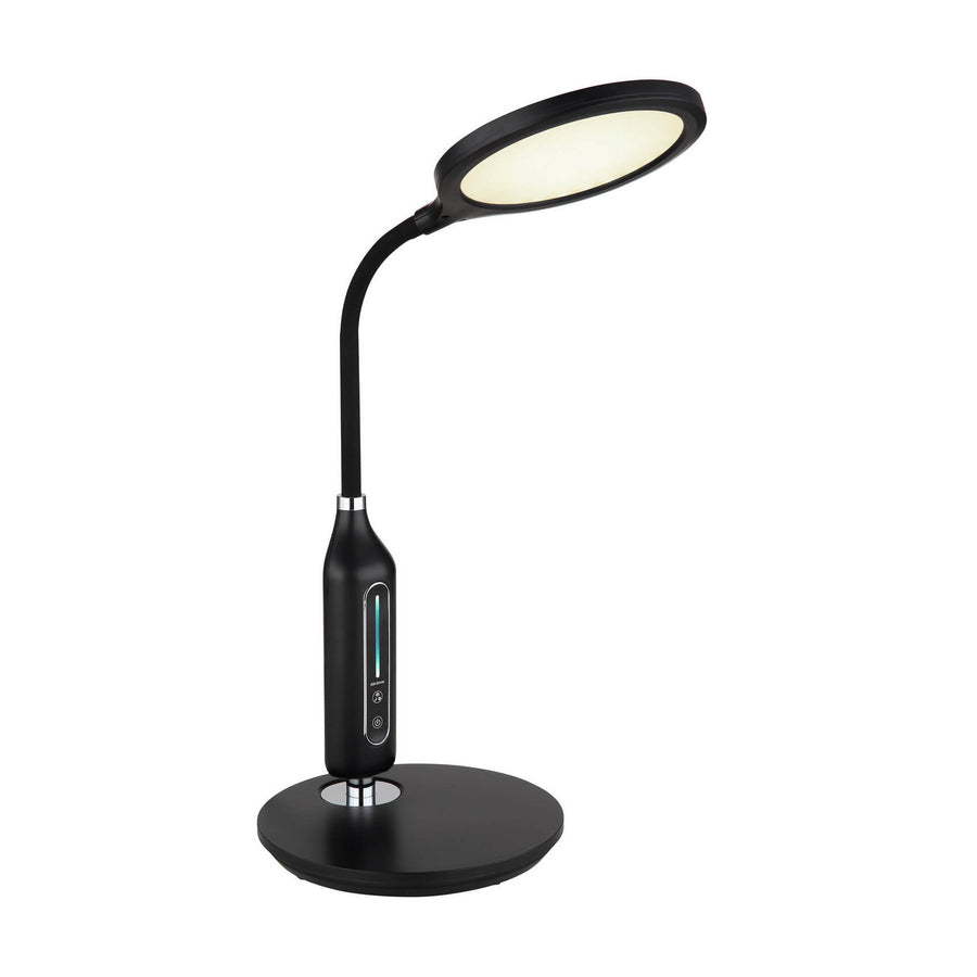 Lampe à poser noire mat, tête ovale inclinée, vue de face sur fond blanc