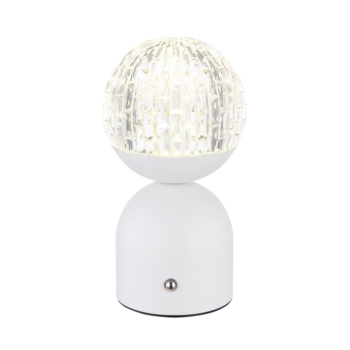 Lampe à poser blanche avec sphère en verre texturé, vue de face sur fond blanc.