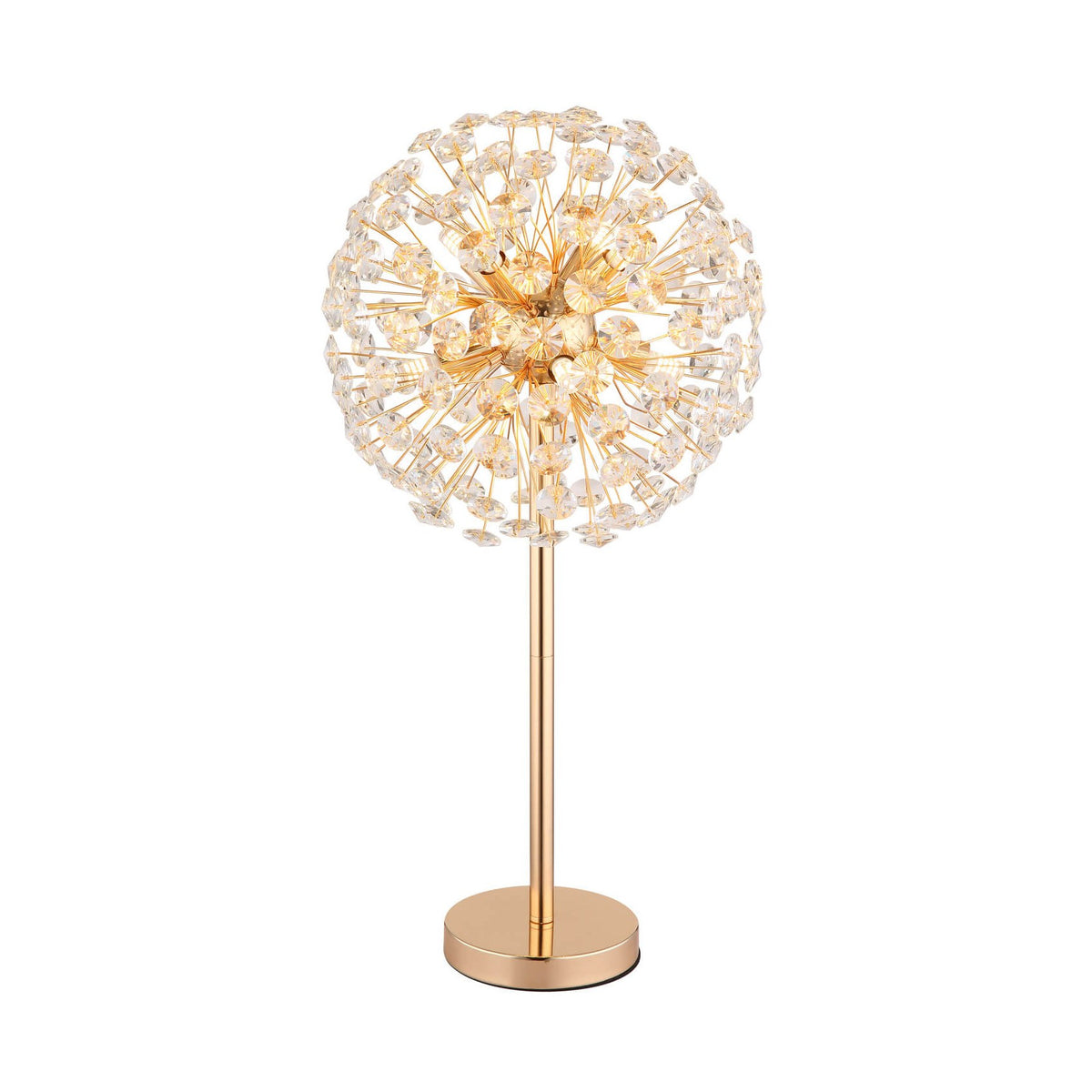 Lampe à poser dorée, sphère de cristaux taillés rayonnants, vue de face sur fond blanc