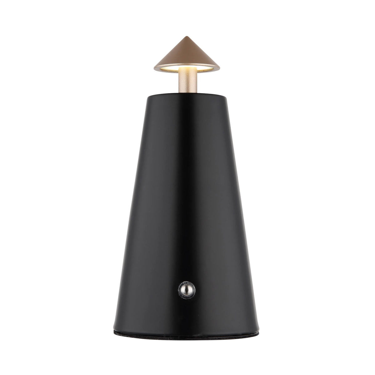 Lampe à poser noire mat de face, abat-jour conique doré allumé