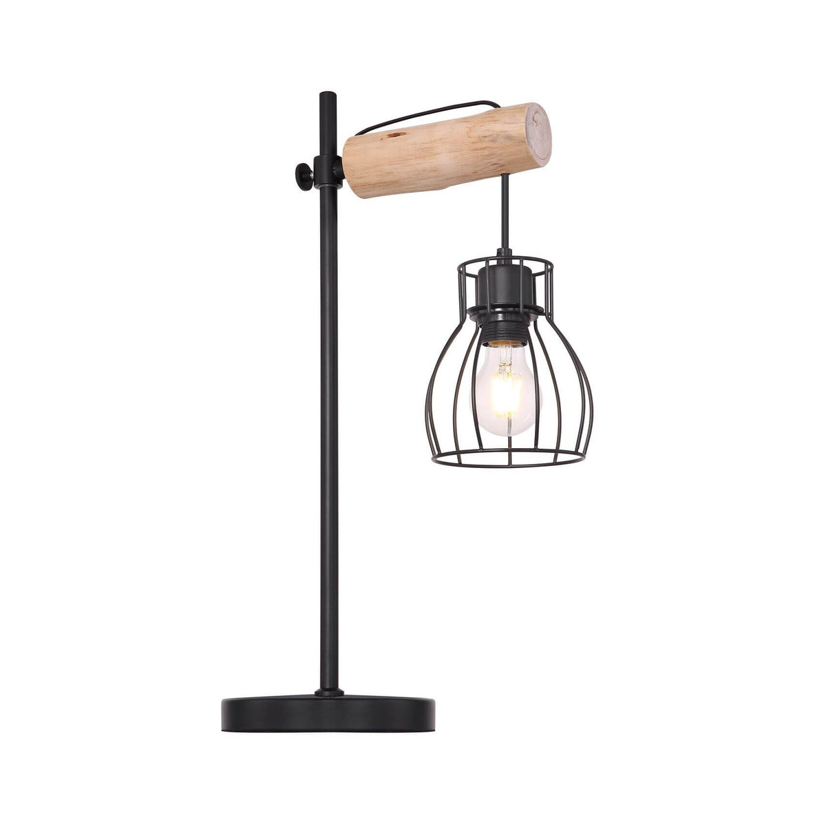 Lampe à poser noire vue de face sur fond blanc, abat-jour cage et bras en bois