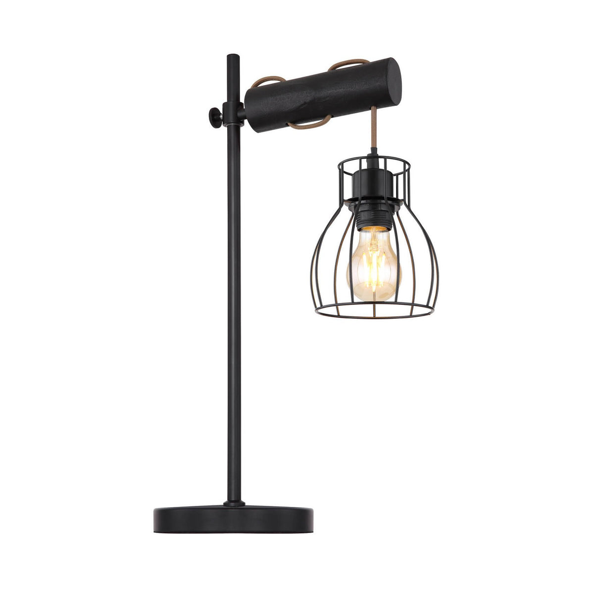 Lampe à poser noire mat vue de profil, abat-jour cage en métal