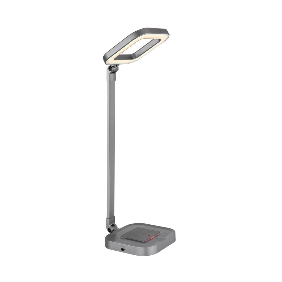 Lampe de bureau grise vue de trois quarts face sur fond blanc