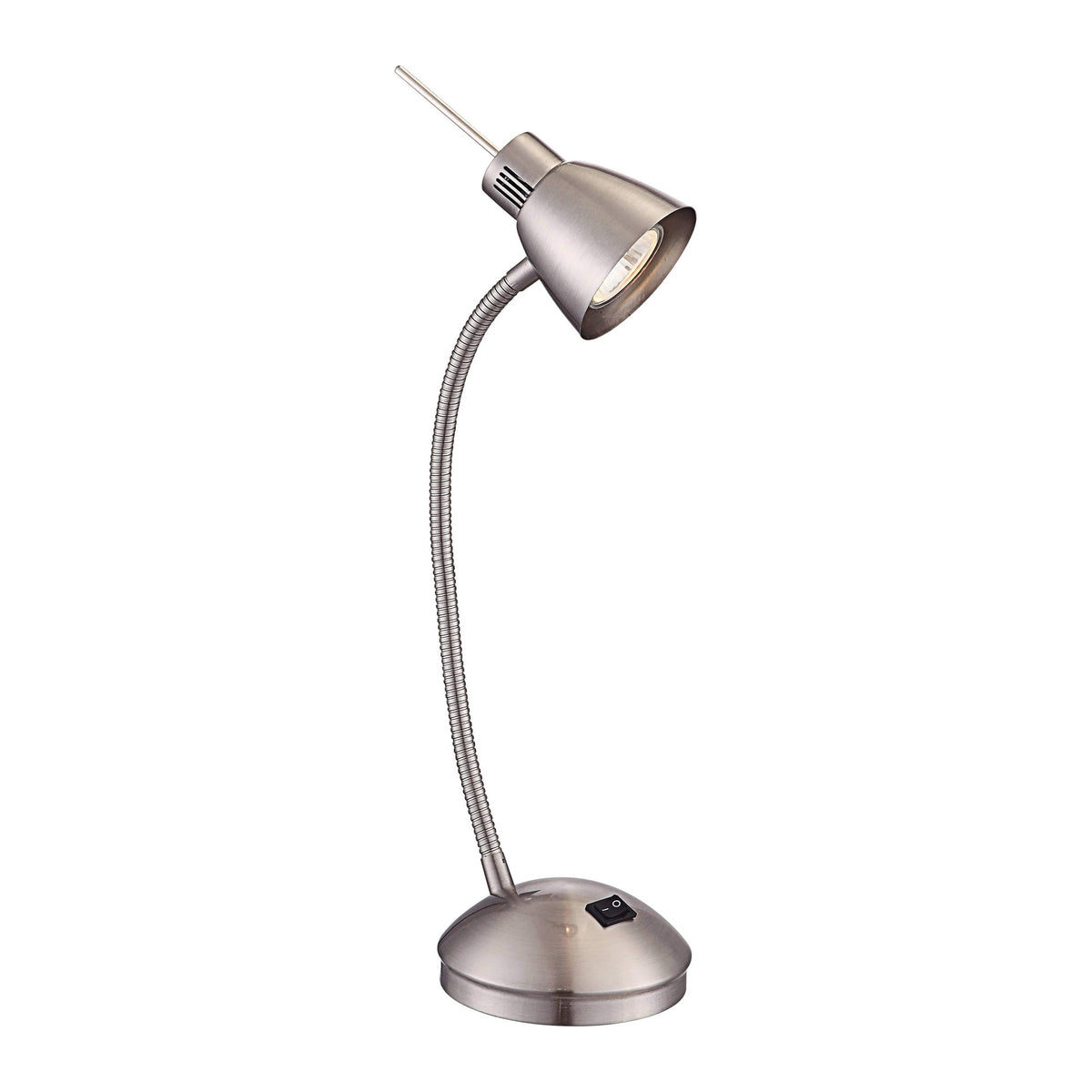 Lampe à poser nickel satiné avec col flexible et abat-jour conique, présentée sur fond blanc.