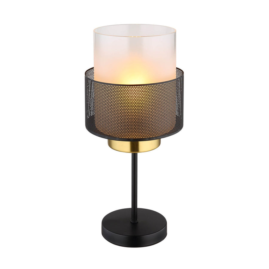 Lampe à poser de face, abat-jour cylindrique noir et verre opalin allumé