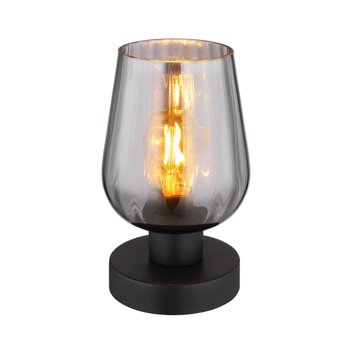 Lampe à poser noire mat avec abat-jour en verre fumé, ampoule allumée