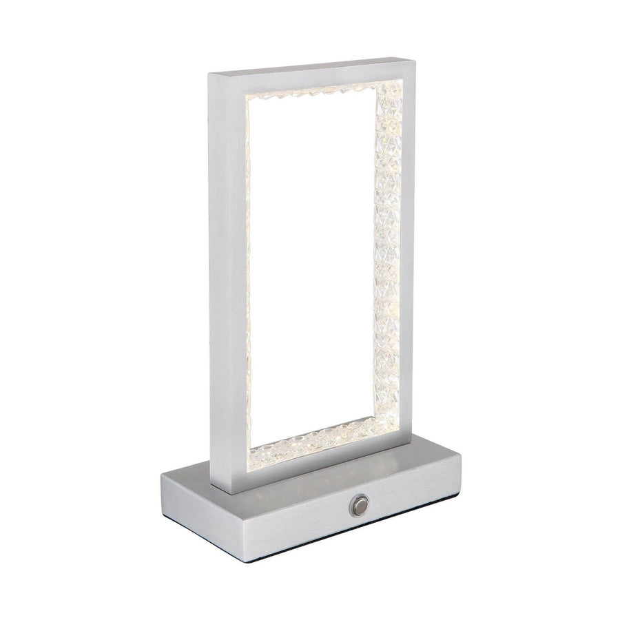 Lampe à poser aluminium vue de trois quarts, cadre rectangulaire et socle avec bouton
