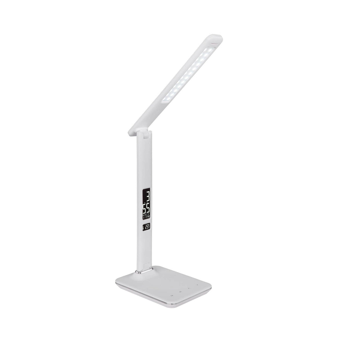 Lampe à poser blanche de trois quarts, tête LED inclinée et affichage digital sur le mât.
