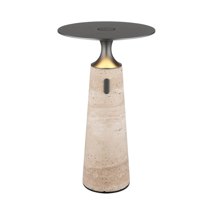 Lampe à poser en travertin, abat-jour rond noir, éclairage éteint, fond blanc