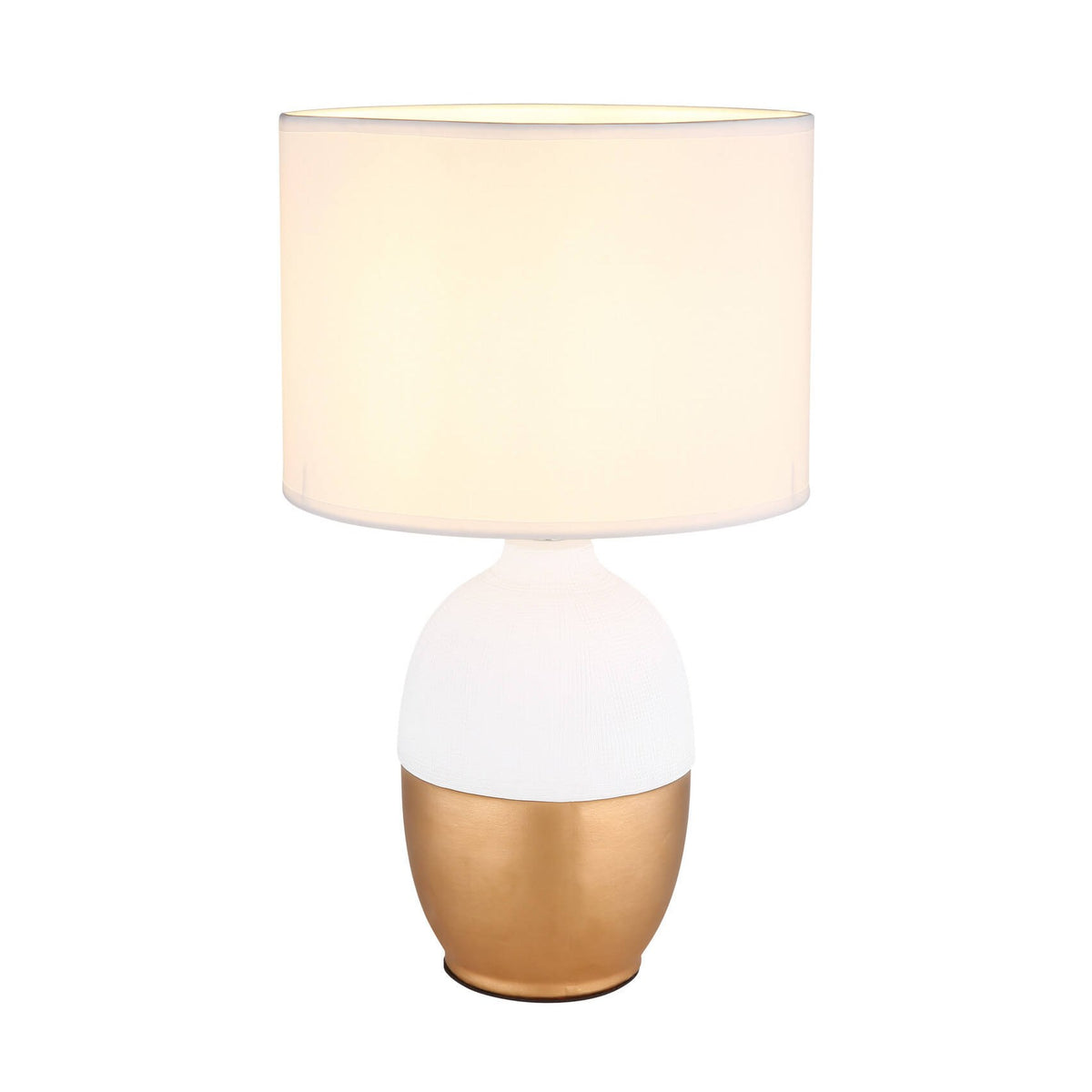 Produit de face sur fond blanc, abat-jour cylindrique et base blanche dorée