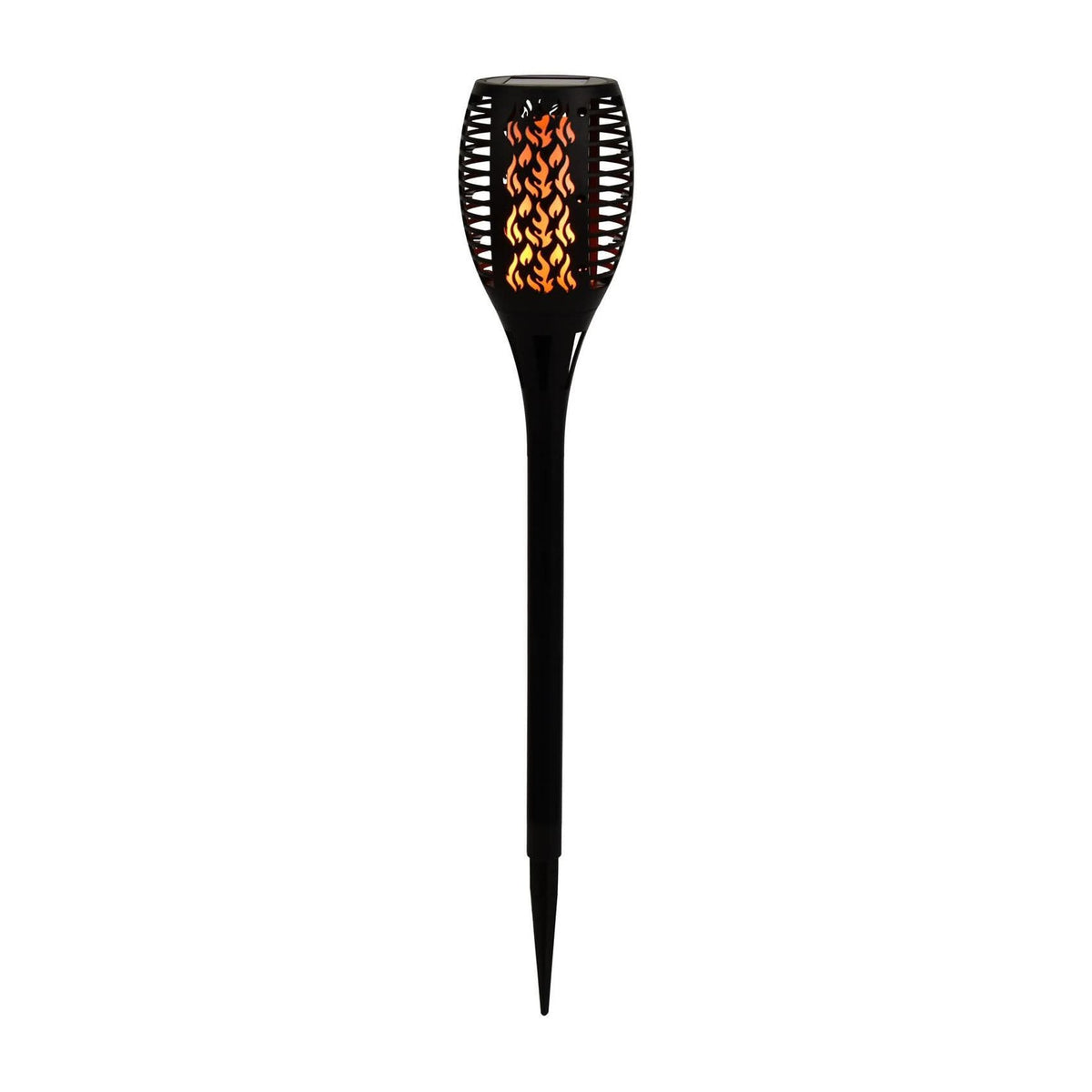 Luminaire torche solaire noir de face, effet flamme allumé, piquet de fixation.