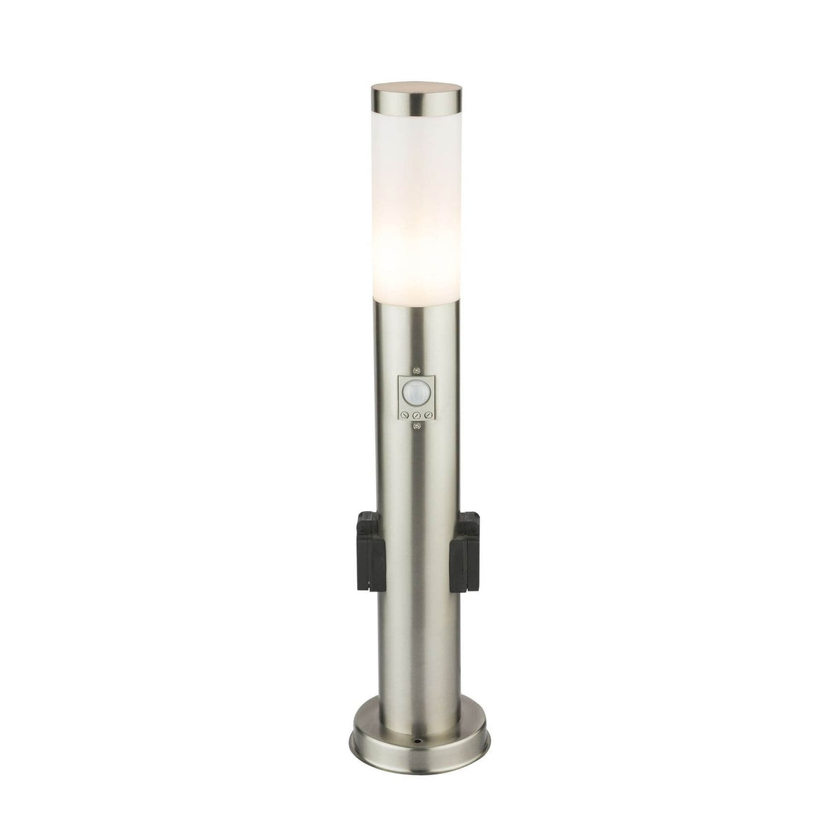 Vue de face du luminaire extérieur cylindrique en inox avec détecteur et partie haute éclairante.