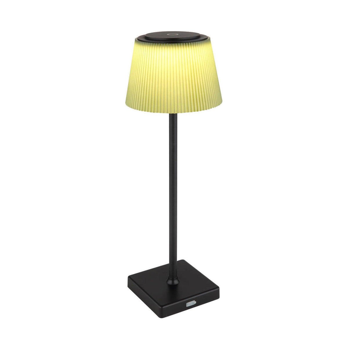 Lampe de table noire avec abat-jour plissé allumé, vue de face sur fond blanc.