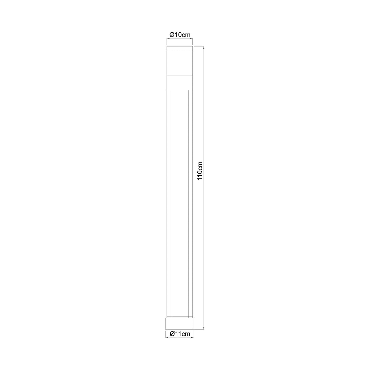 Schéma coté de la borne extérieure : 110 cm de haut, diamètre 10 et 11 cm.