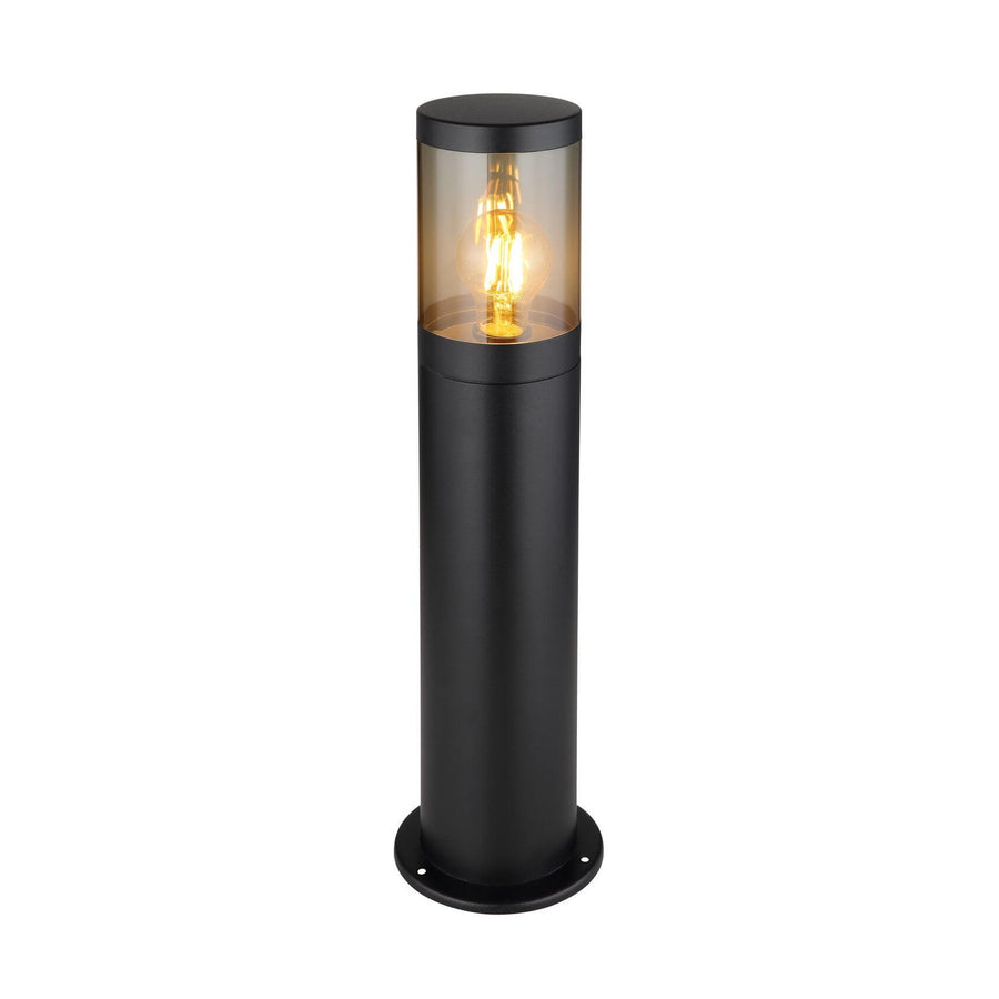 Vue de face du luminaire cylindrique noir mat avec ampoule filament et embase de fixation.