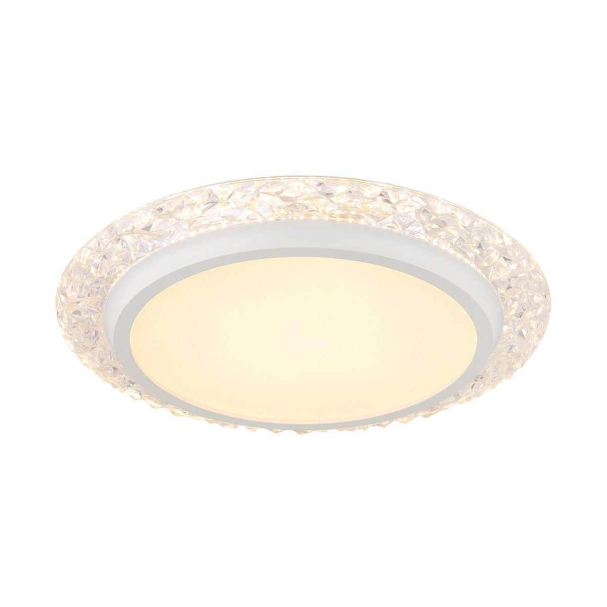 Plafonnier rond blanc mat avec large couronne en cristal facetté, allumé