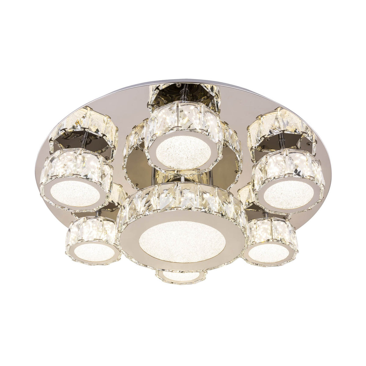Plafonnier rond de face, platine chromée miroir et sept anneaux de cristal facetté