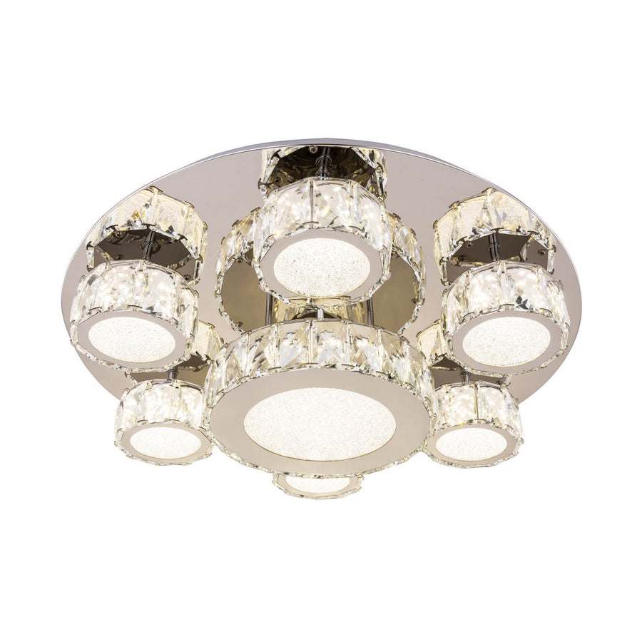 Plafonnier rond de face, platine chromée miroir et sept anneaux de cristal facetté