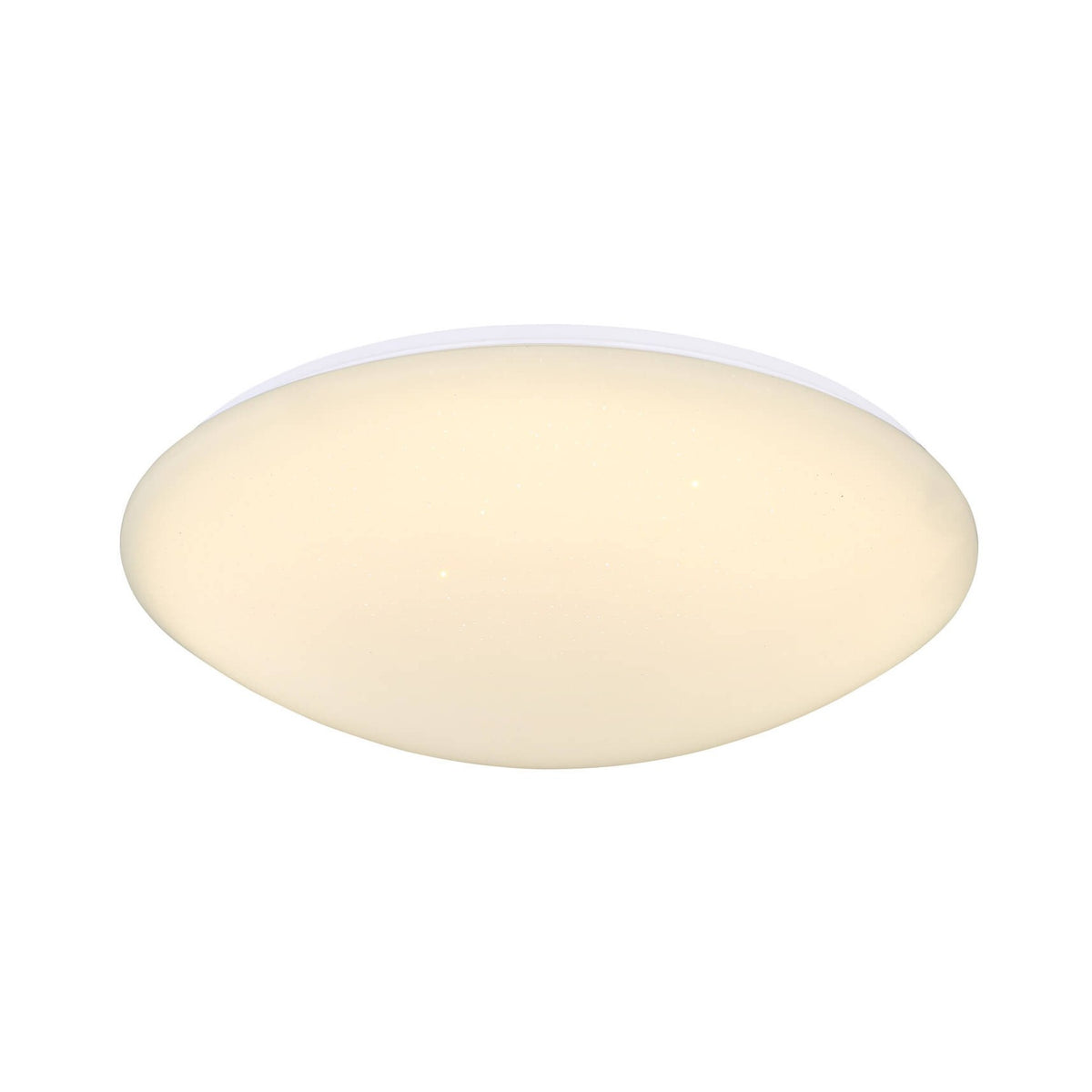 Vue de face du plafonnier rond blanc, diffuseur bombé légèrement ivoire