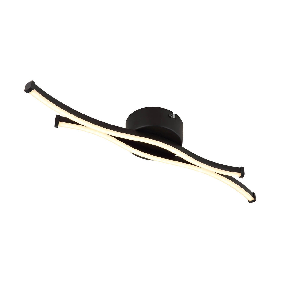 Luminaire plafonnier noir mat aux bras ondulés croisés, sur fond blanc, vue trois quarts.