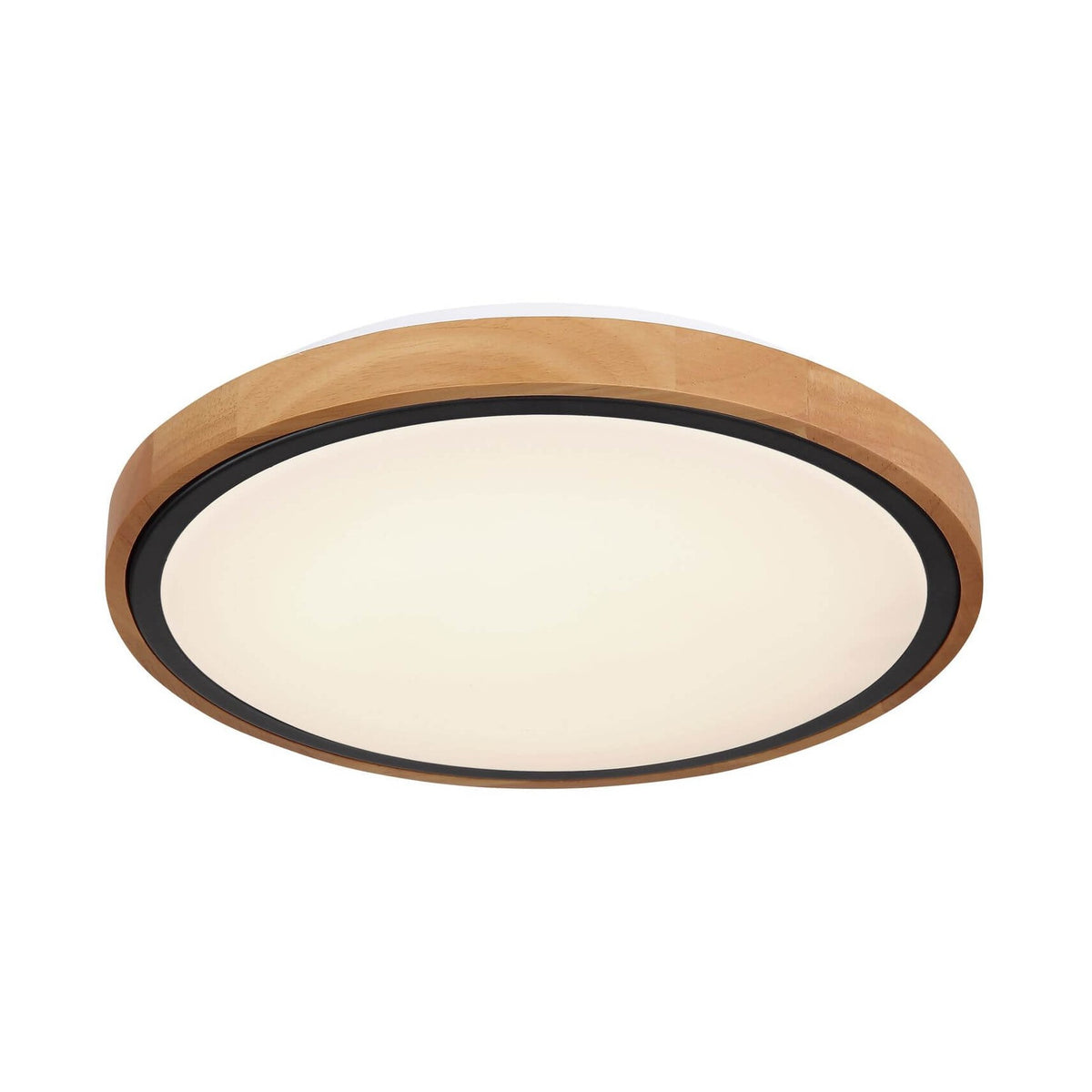 Plafonnier rond en bois clair et noir, vue de trois quarts face sur fond blanc
