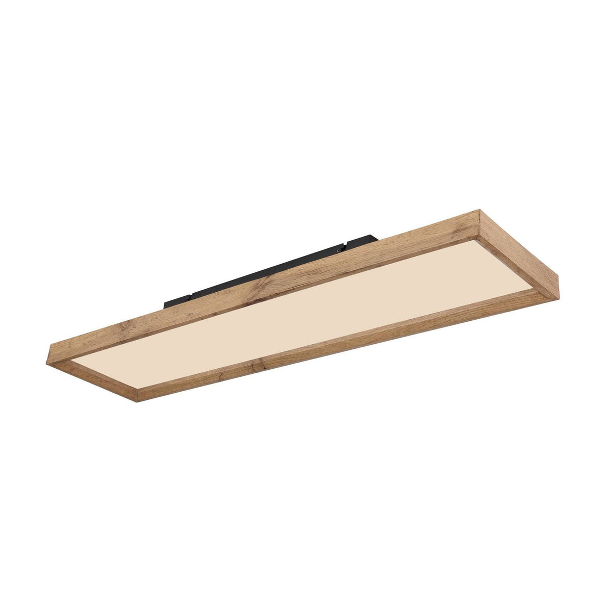 Vue de trois quarts du plafonnier rectangulaire en bois clair et diffuseur blanc.