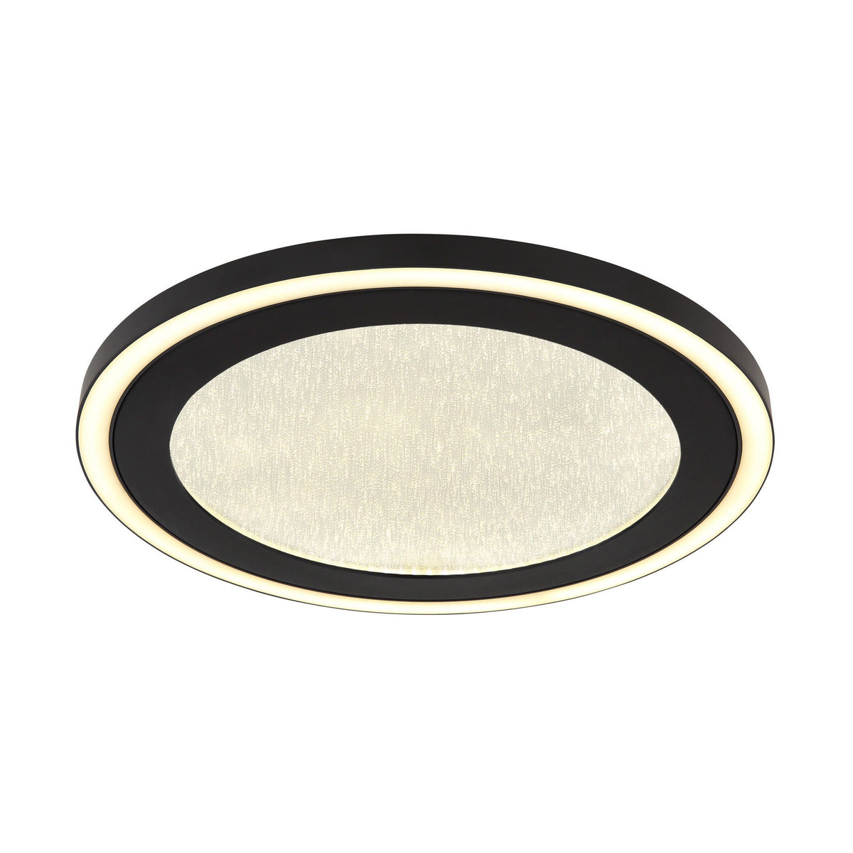 Vue de dessous du plafonnier ovale, anneau noir et diffuseur central texturé