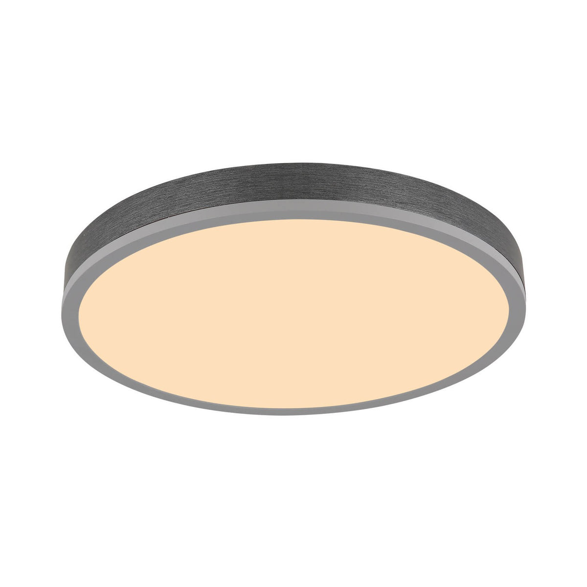 Plafonnier rond vu de face, diffuseur allumé et cerclage argenté brossé