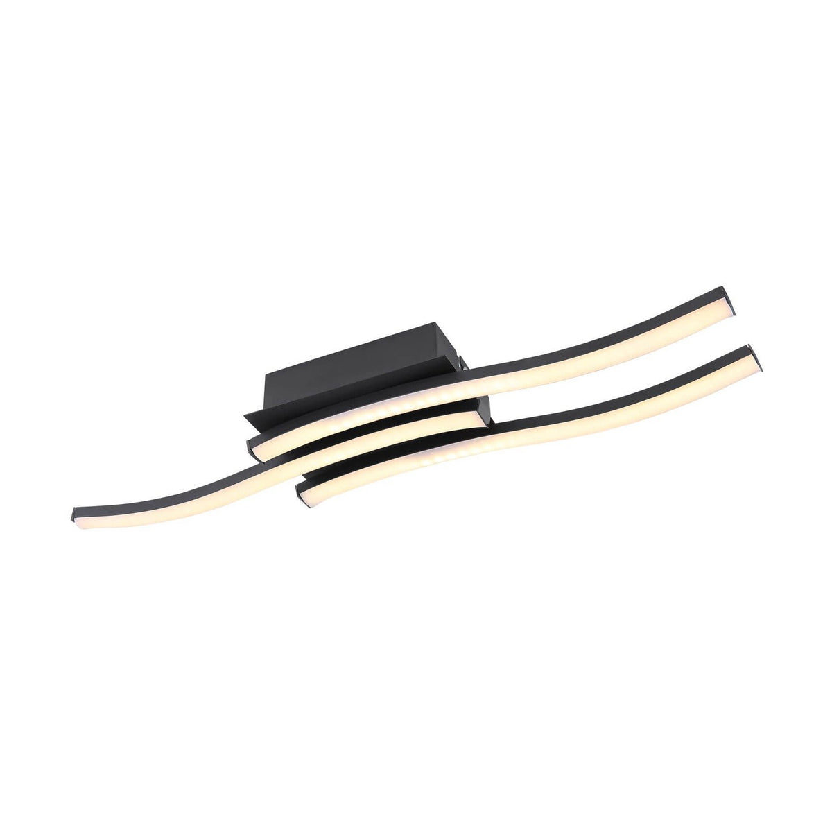 Plafonnier noir mat à bras incurvés LED, vue de face sur fond blanc