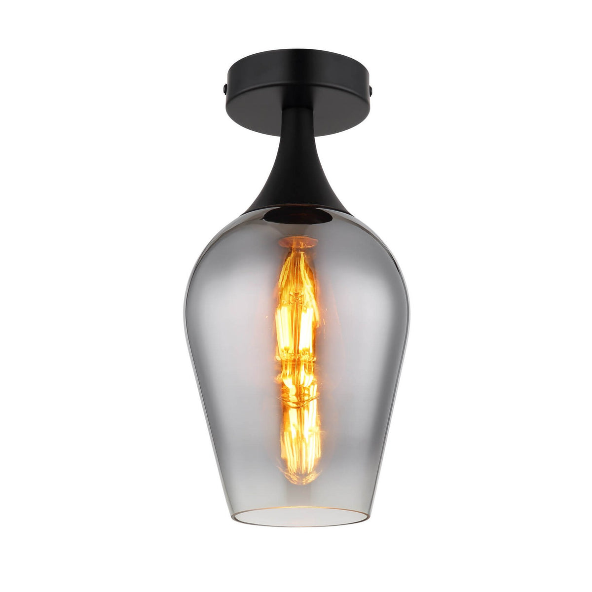 Plafonnier noir mat avec abat-jour en verre fumé et ampoule filament allumée, vue de face.