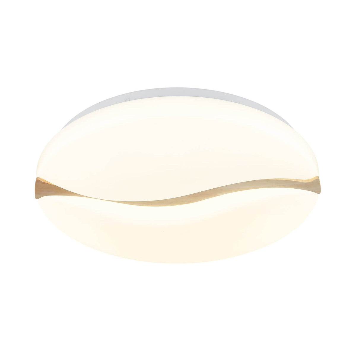 Plafonnier rond blanc avec une bande ondulée en bois, vue de face éclairée.