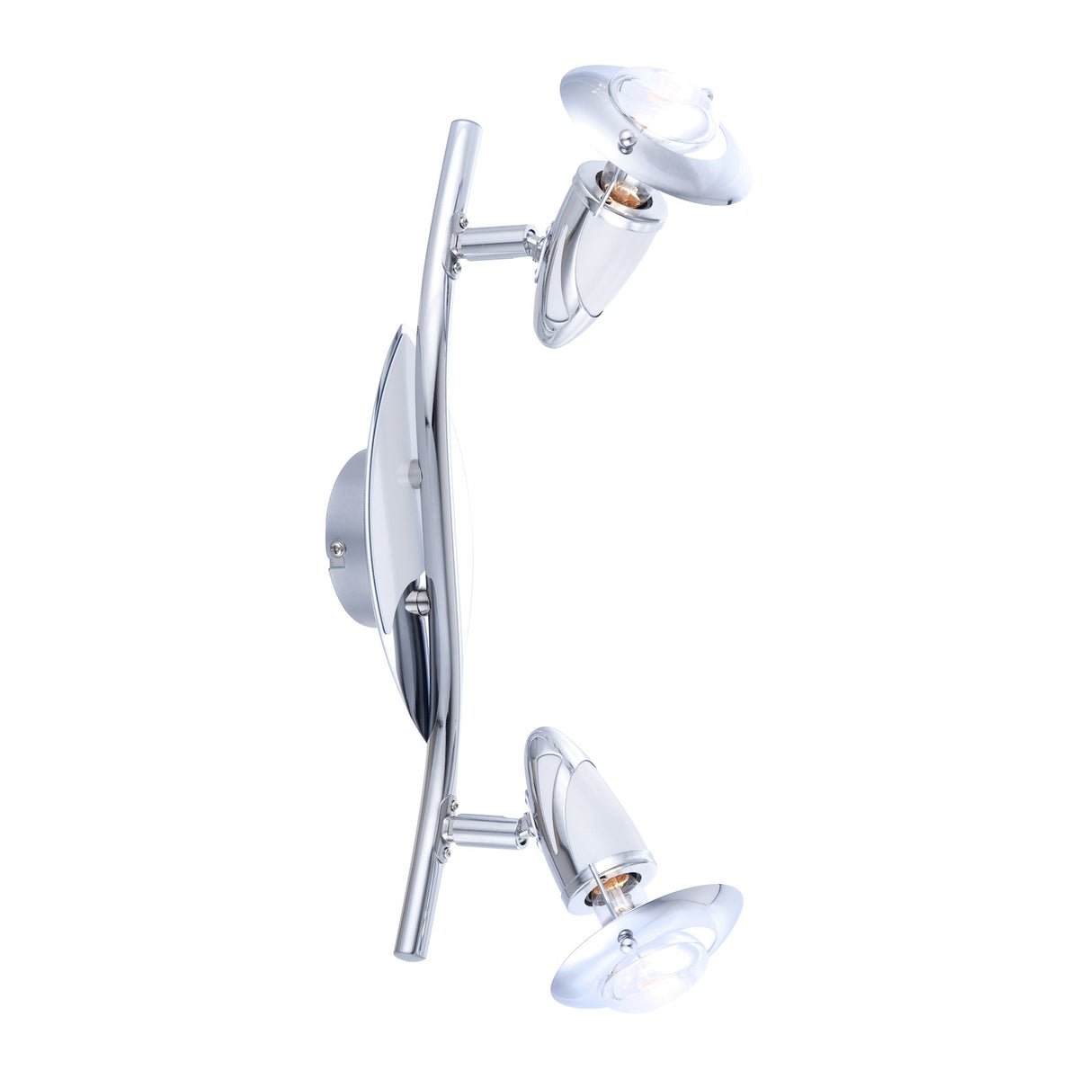 Vue de face du plafonnier chromé à deux spots orientables et bras incurvé.