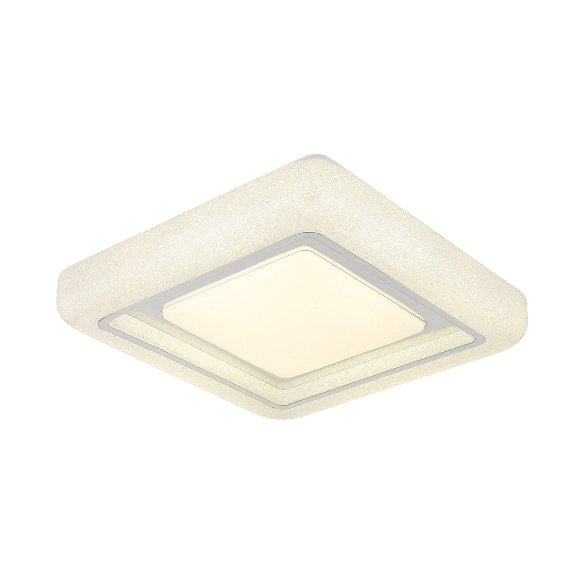 Vue de trois-quarts du plafonnier carré blanc éteint présenté sur fond blanc.