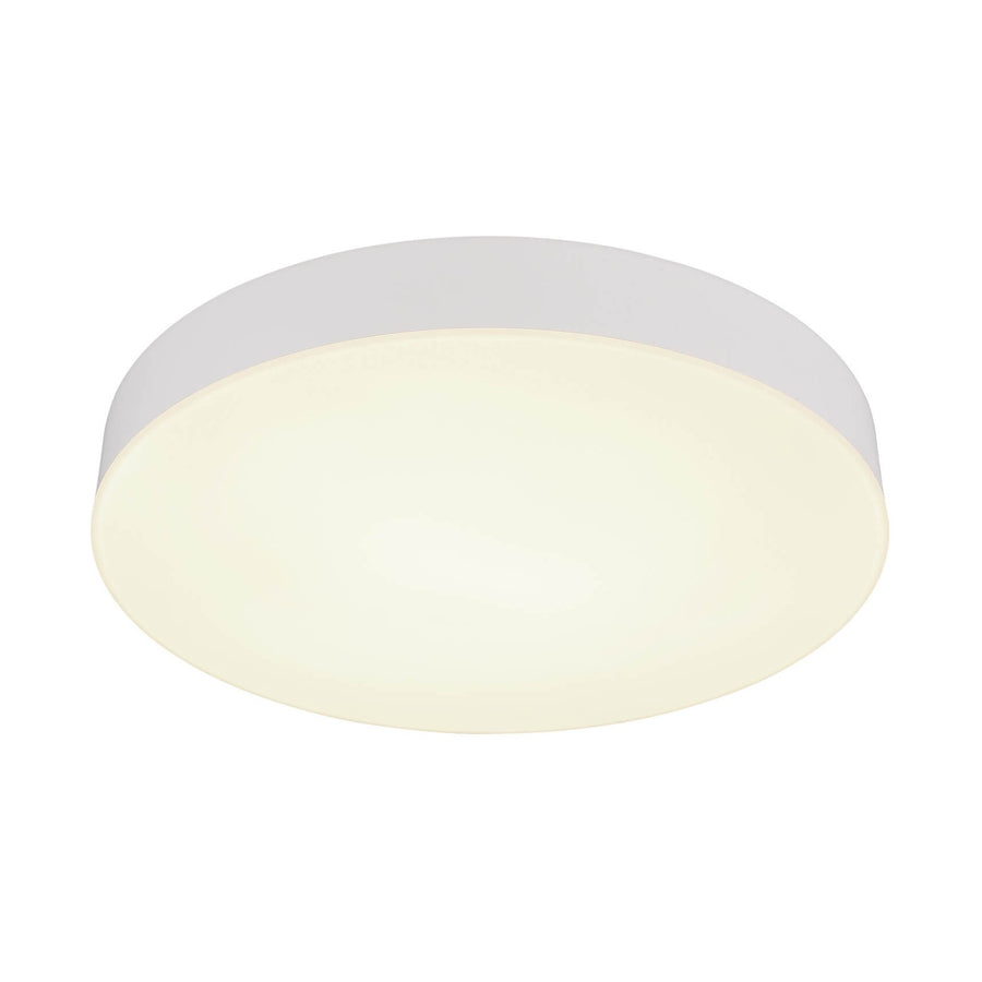 Plafonnier rond blanc mat vu de face, diffuseur opale éteint sur fond neutre