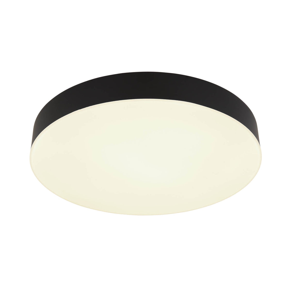 Plafonnier rond vu de trois quarts, cerclage noir mat et diffuseur blanc opale