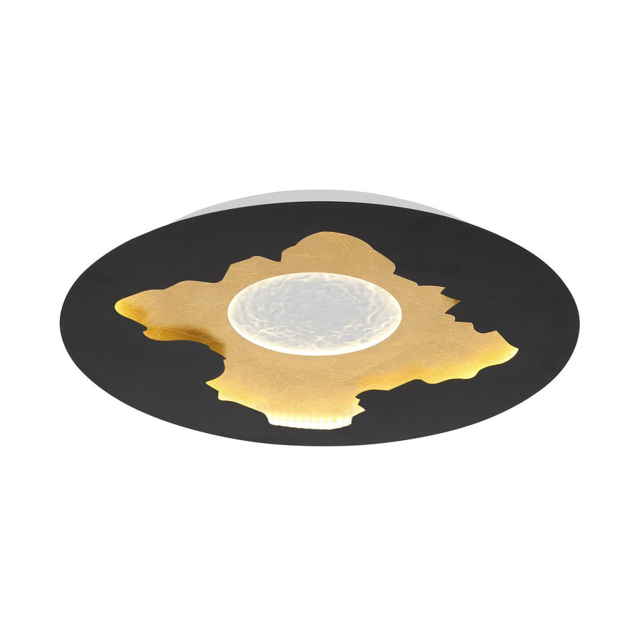 Plafonnier rond noir mat vu de face avec motif doré en feuille et verre central