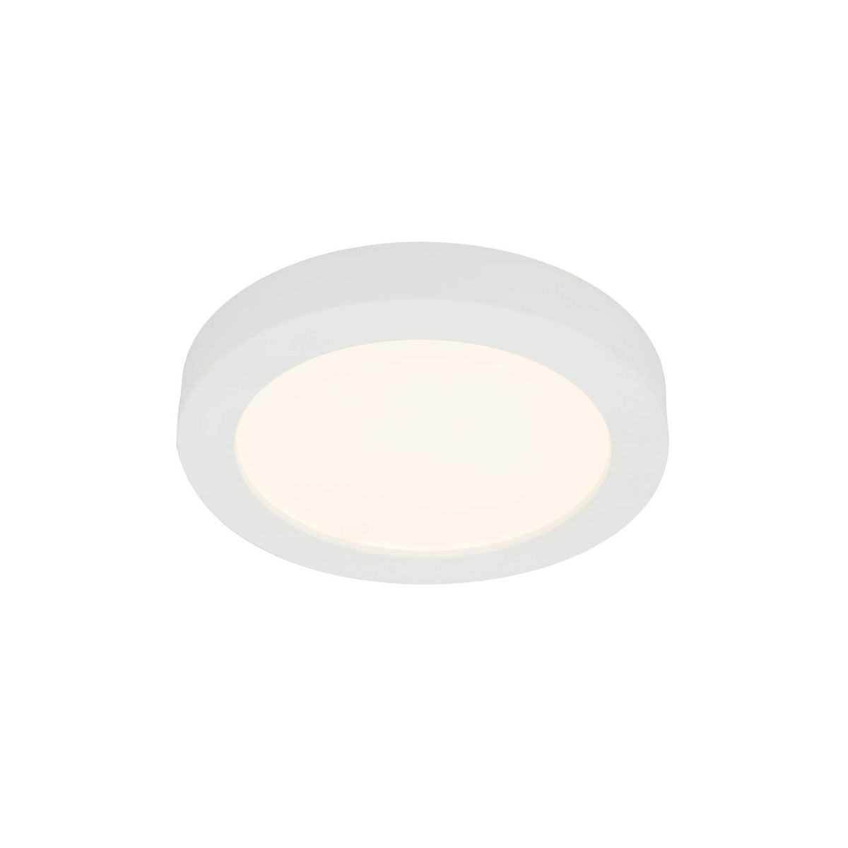 Plafonnier rond blanc allumé, vue de face sur fond neutre et uni
