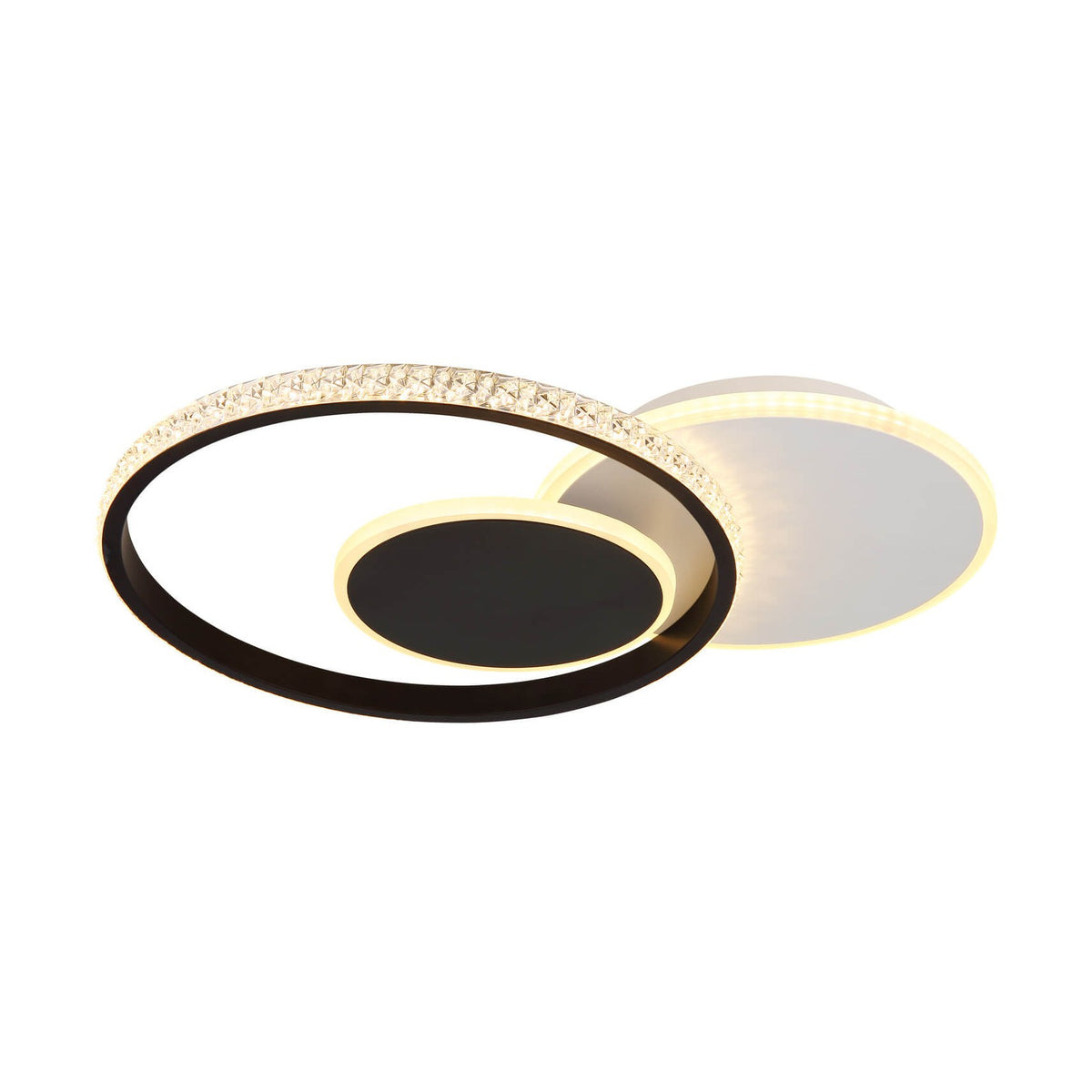 Plafonnier rond noir et blanc vu de trois quarts, anneau cristal et disque central.