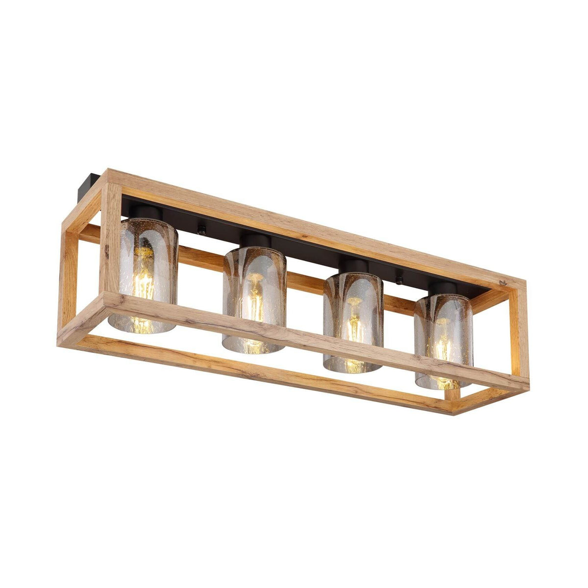 Plafonnier rectangulaire en bois clair et quatre cylindres de verre, vue de face