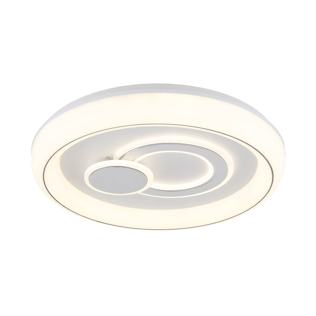 Plafonnier rond blanc mat vu de face, anneaux LED concentriques allumés