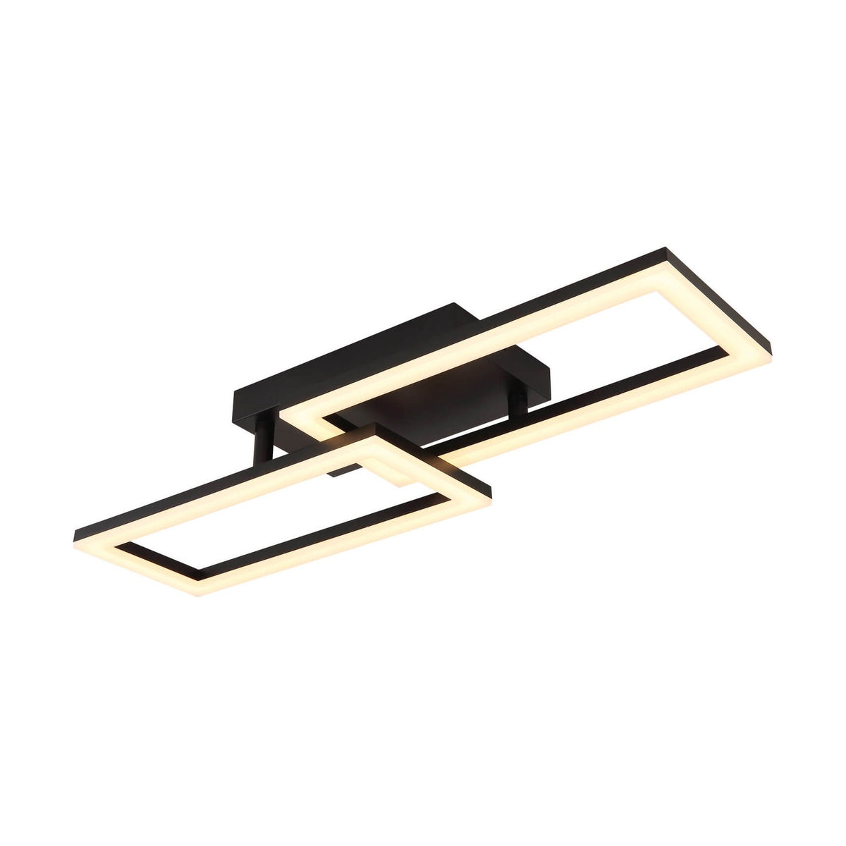 Plafonnier LED noir mat vu de face, deux cadres rectangulaires lumineux superposés