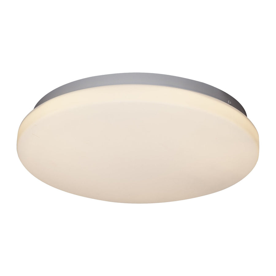 Plafonnier rond blanc vu de face sur fond blanc, diffuseur opale et base grise