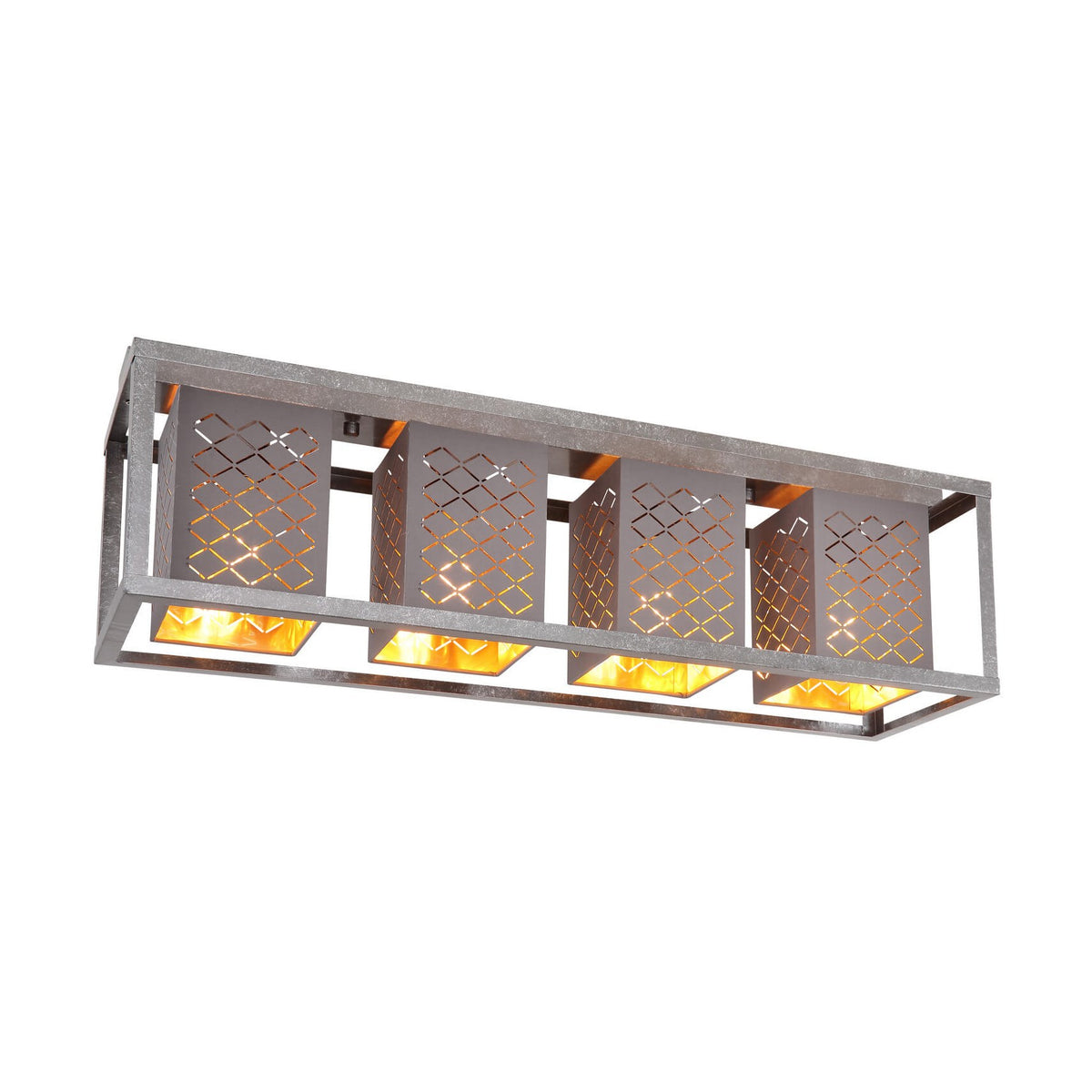 Plafonnier argenté rectangulaire avec quatre cages ajourées et panneaux dorés éclairés.