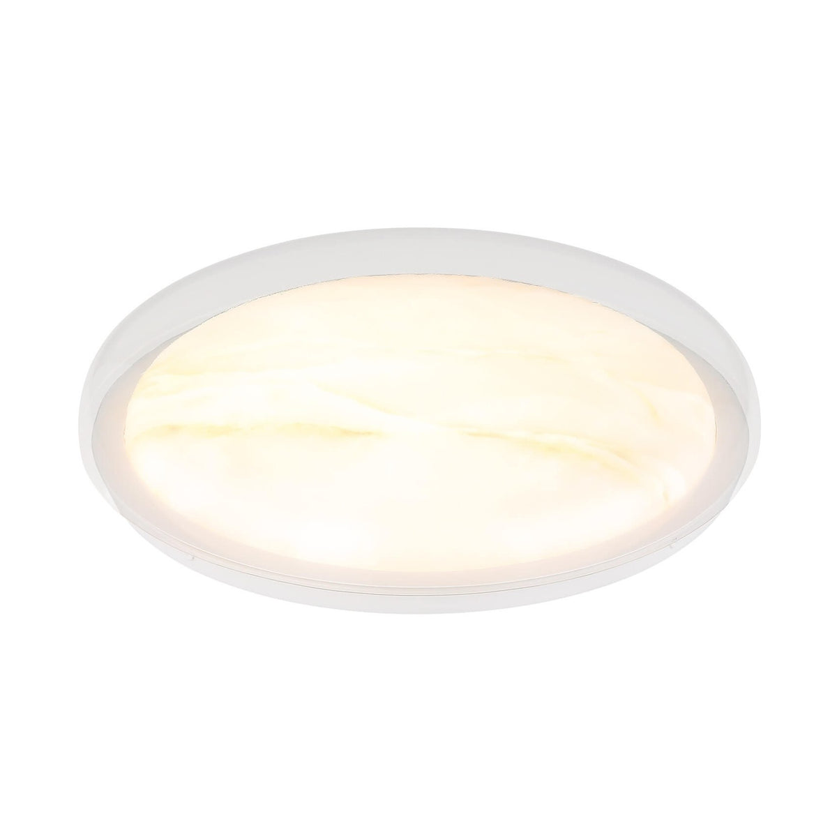 Plafonnier rond blanc allumé, vu de face sur fond neutre, diffuseur lumineux