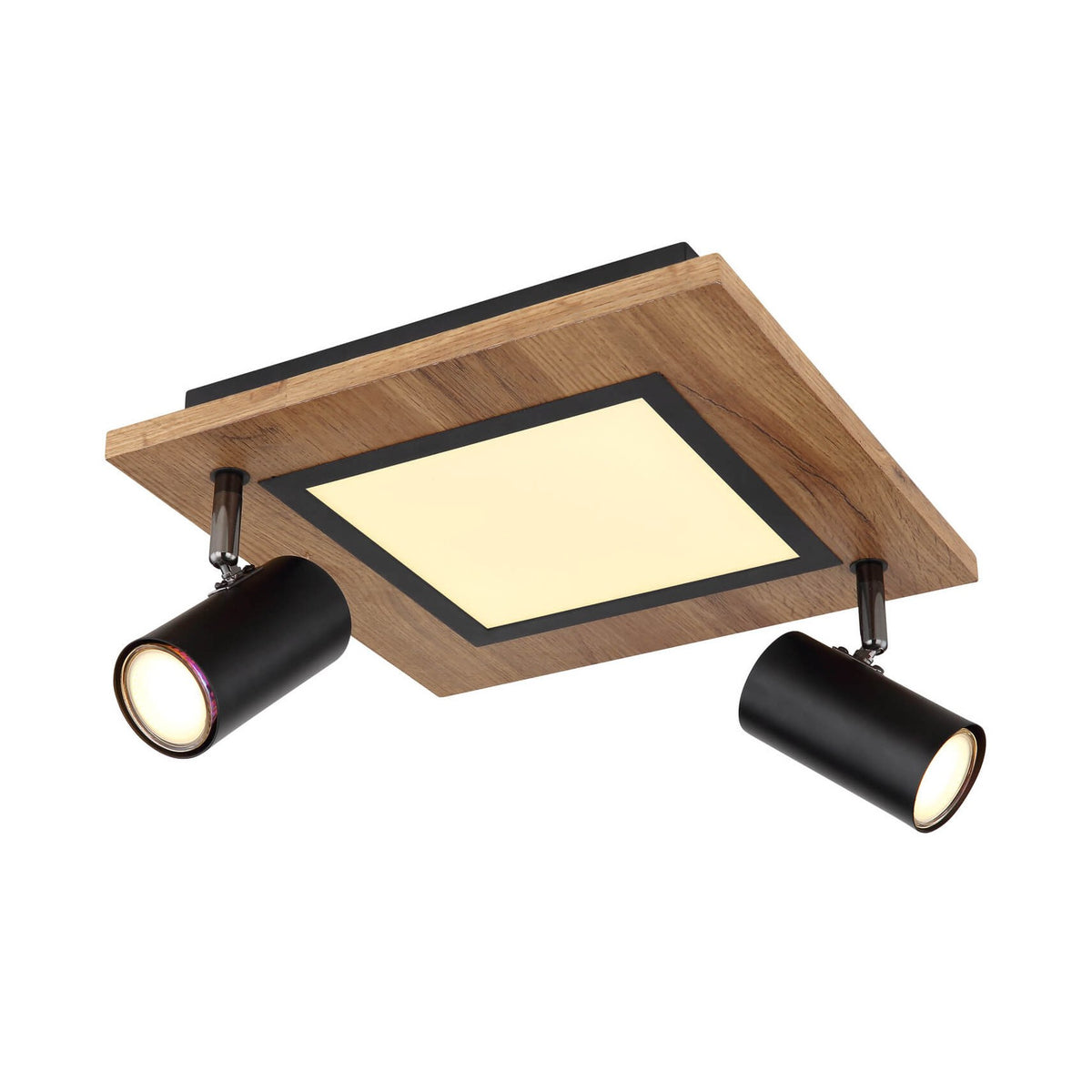 Plafonnier carré bois clair, panneau LED central et deux projecteurs noirs orientables